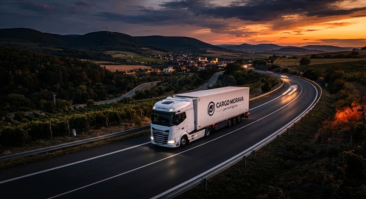 Kamion Cargo Morava na moravské silnici za soumraku